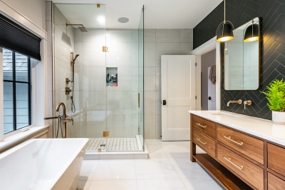 Designs by Santy :: Coastal Farmhouse Ensuite with glass shower, soaker tub and vanity