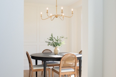 Designs by Santy :: Black and White House Dining with chandelier and arched entry