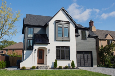 Designs by Santy :: Black and White House Front exterior with white brick, siding and metal roof