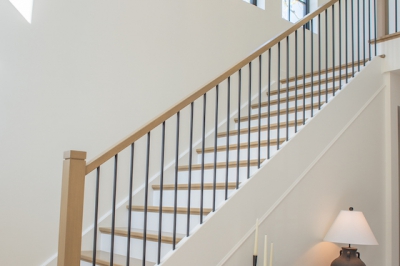 Designs by Santy :: Black and White House Staircase with chandelier and high windows