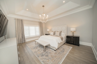 Designs by Santy :: Rural Symmetry Bedroom with tray ceiling and  and chandelier