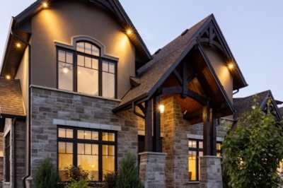 Designs by Santy :: Timber Estate Front exterior with accent lighting