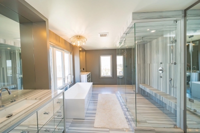 Designs by Santy :: Modern Texture House Ensuite with glass wall and soaker tub