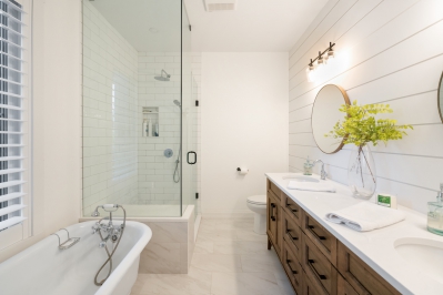 Designs by Santy :: Hilltop Farmhouse Bathroom with vanity and glass shower