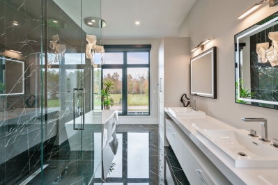 Designs by Santy :: Modern Luxury Contemporary ensuite with double vanity, glass shower and tile