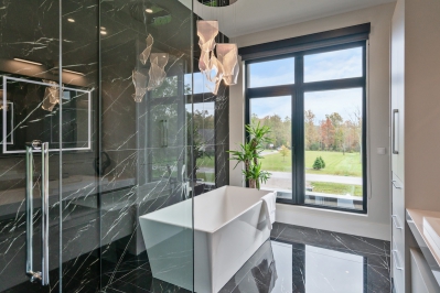 Designs by Santy :: Modern Luxury Contemporary ensuite with double vanity, glass shower and soaker tub