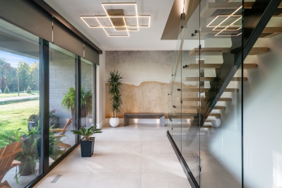 Designs by Santy :: Modern Luxury Contemporary foyer with tile, floating staircase and glass rail