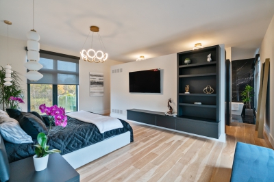 Designs by Santy :: Modern Luxury Contemporary primary bedroom with open-concept walk-in closet