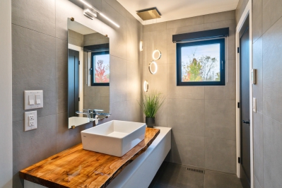 Designs by Santy :: Modern Luxury Contemporary bathroom with tile and chandelier