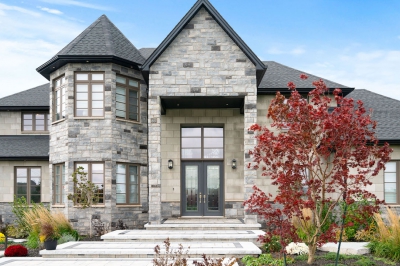 Designs by Santy :: Grand Estate Front exterior with stone, octagon bump-out, and grand entry