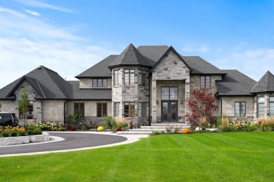 Designs by Santy :: Grand Estate Front exterior with stone, octagon bump-out, and grand entry