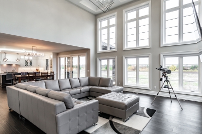 Designs by Santy :: Grand Estate Great room with two-story windows and coffered ceiling