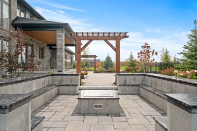 Designs by Santy :: Grand Estate Outdoor living with stone benches and fire pit