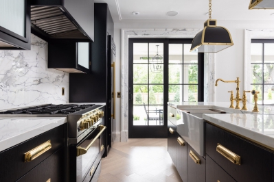 Designs by Santy :: The Checker House Kitchen with black cabinetry and brass hardware