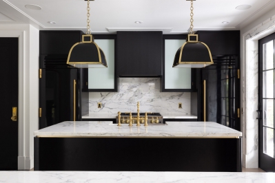 Designs by Santy :: The Checker House kitchen island with brass hardware