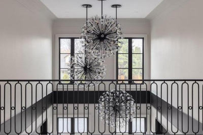 Designs by Santy :: Old Town Elegance Open to above with rail and chandelier