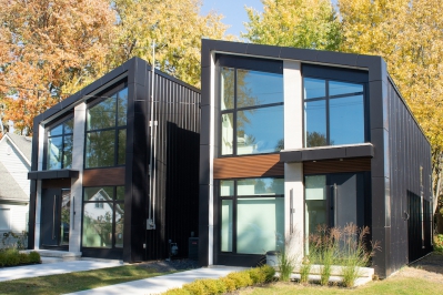 Designs by Santy :: Frame House Series Contemporary front exterior with metal siding, modern windows and wood accents