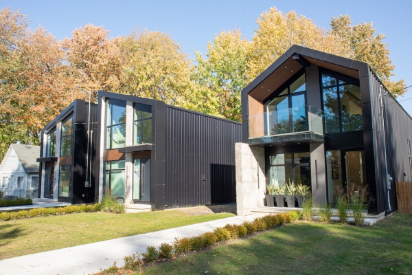 Designs by Santy :: Frame House Series Contemporary front exterior with metal siding, modern windows and wood accents