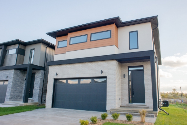 Designs by Santy :: Outline Houses Contemporary front elevation with stucco, wood siding and brick