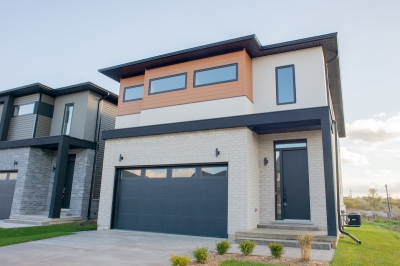 Designs by Santy :: Outline Houses Contemporary front elevation with stucco, wood siding and brick