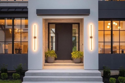 Designs by Santy :: The Angle House Front entry with stucco and modern sconces