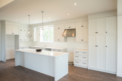 Designs by Santy :: Modern Farmhouse Kitchen with island and chandelier