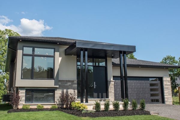 Designs by Santy :: Modern Lines Front exterior with stucco, stone, modern windows and flat roof