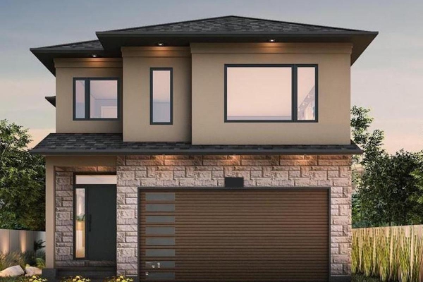 Designs by Santy :: Simple Elegance Front exterior with stone, stucco and contemporary windows