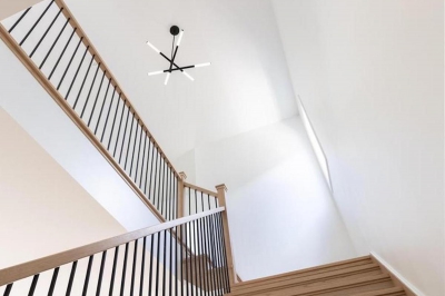 Designs by Santy :: Simple Elegance Contemporary staircase with rail and chandelier