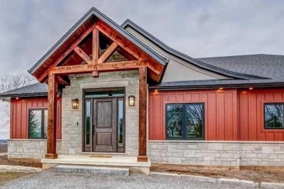 Designs by Santy :: Timber Entry Front entry with board and batten, stone, and timber accents