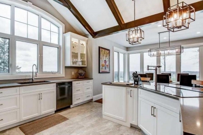 Designs by Santy :: Timber Entry Kitchen with timber accents and arced window