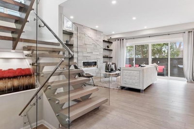 Designs by Santy :: Grey Velvet House Staircase with glass rail and open concept kitchen