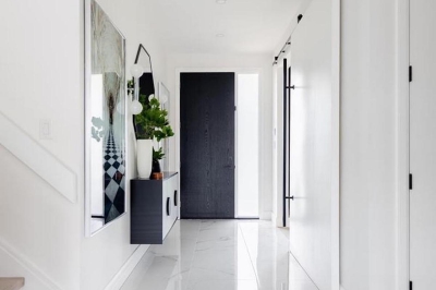 Designs by Santy :: Contrast House Foyer with tile and barn door