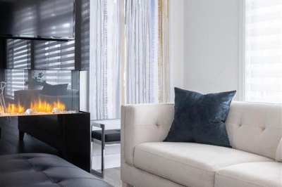 Designs by Santy :: Contrast House Great room with tiled gas fireplace