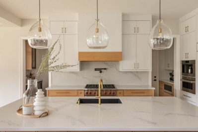 Designs by Santy :: Regal Prairie Estate Kitchen island with view to pantry and mudroom